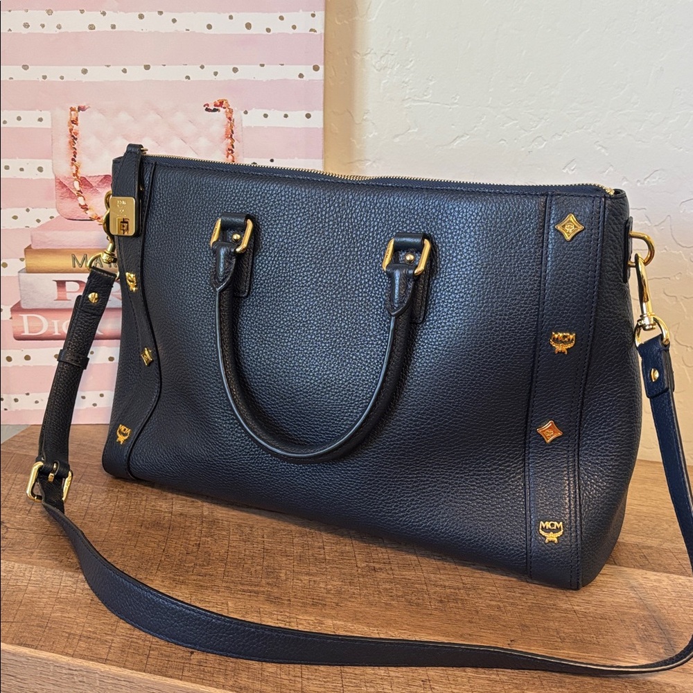 MCM Navy Blue Pebbled Leather Satchel with Gold Hardware